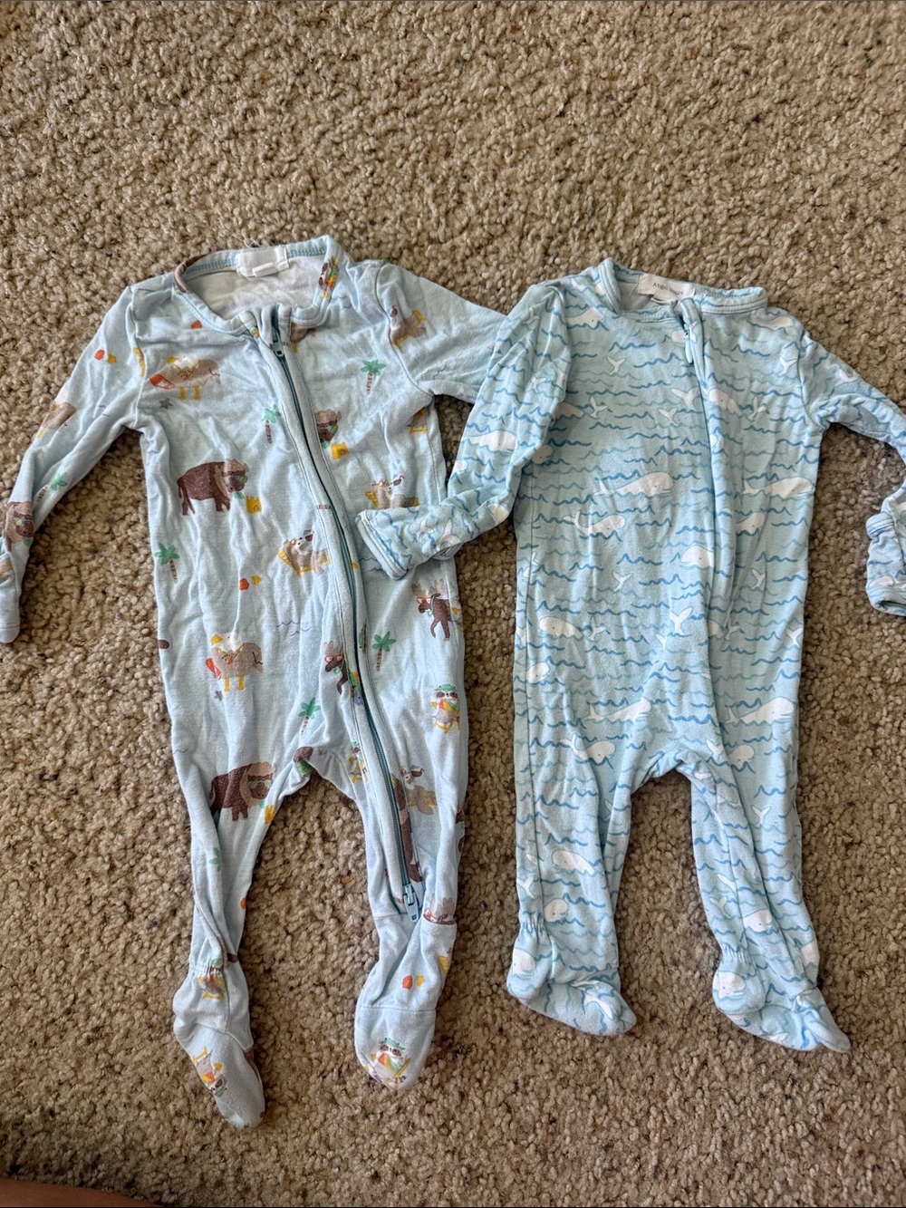 Angel Dear Light Blue Footed One-Piece Set with Bear & Wave Prints